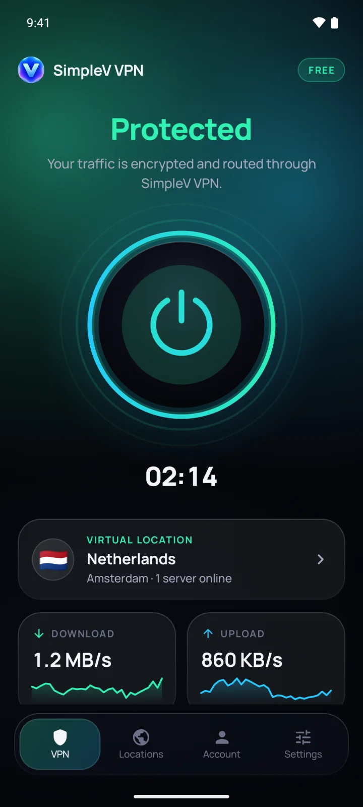 Home screen in the dark theme with live speed