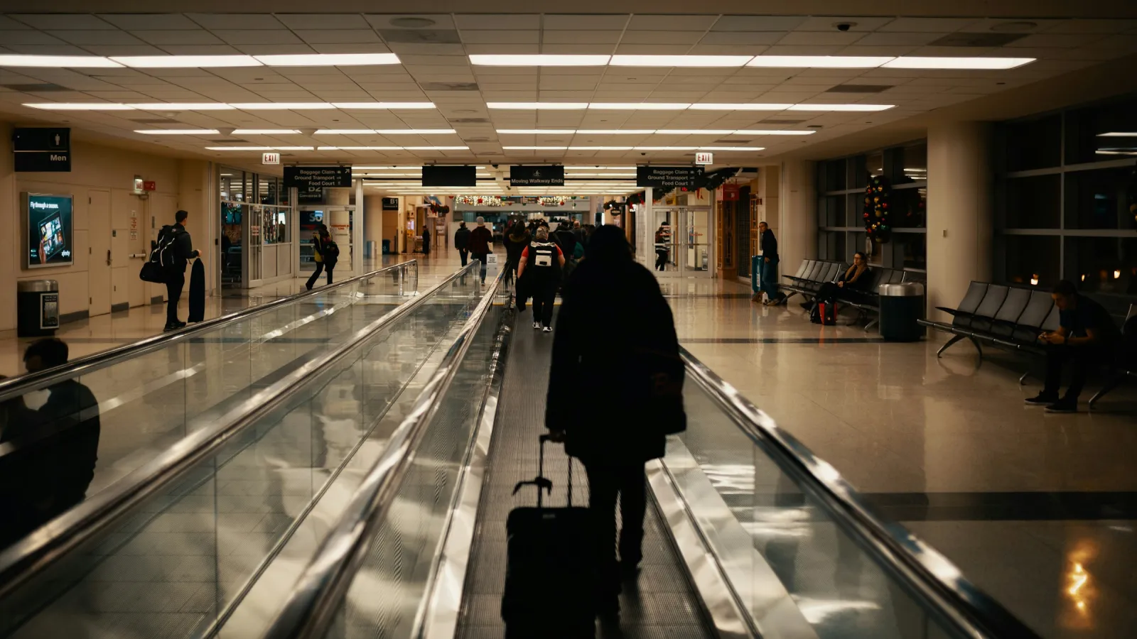 Un viajero con una maleta avanzando por una cinta transportadora en la terminal de un aeropuerto